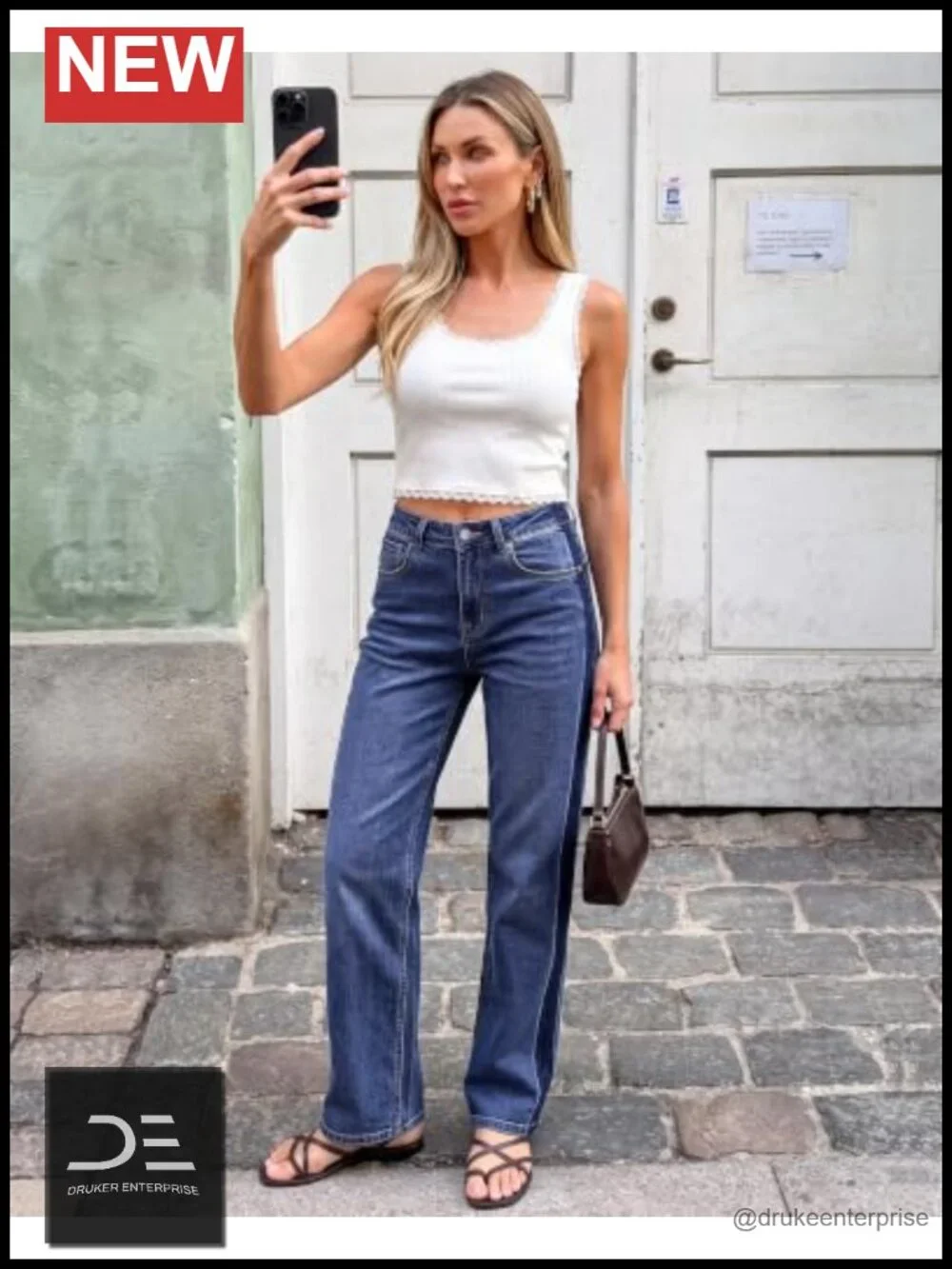 High Waisted Straight Leg Jeans with Tuxedo Stripe